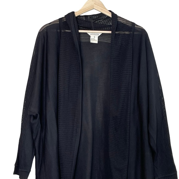 Misook Womens Black Long Length Open Cardigan Size M Meshed Trim Minimalist - Picture 3 of 9